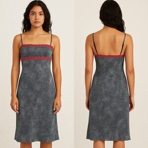 Blue Leopard Print Slip Dress w/ Pink Lace Trim Y2K Aesthetic 90s Lingerie Style